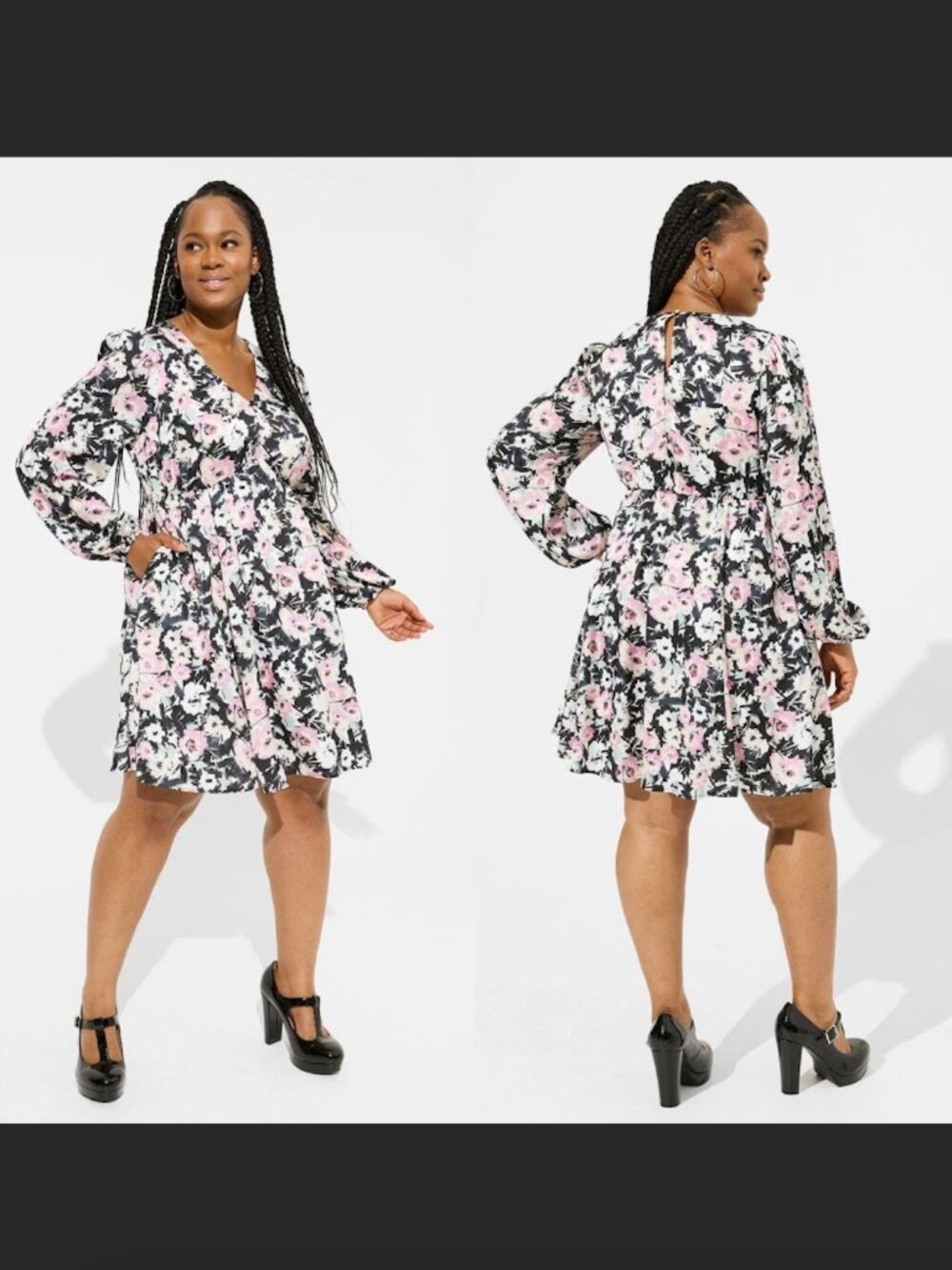 Torrid 3 Mini Bubble Charmeuse Floral Babydoll Dress 3X Black White Pink